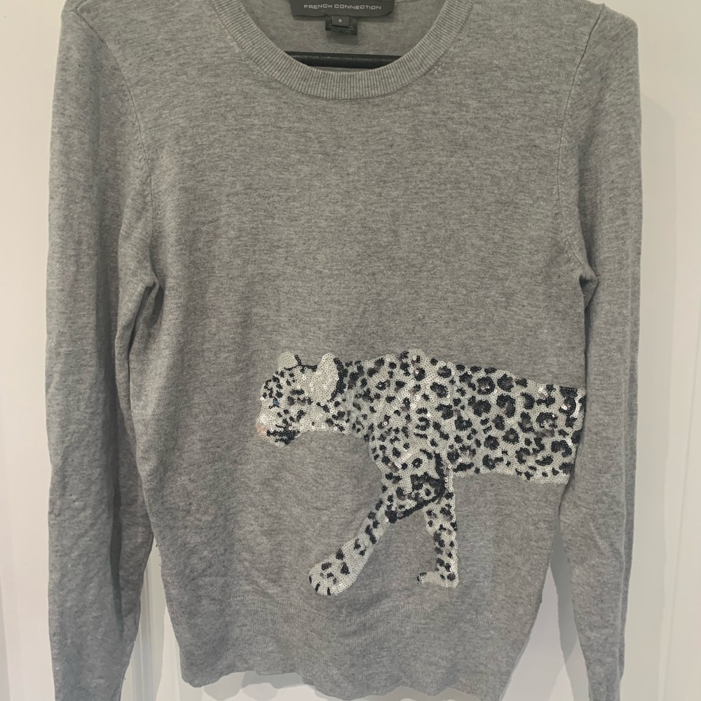 French Connection Gray Sweater with Leopard Design